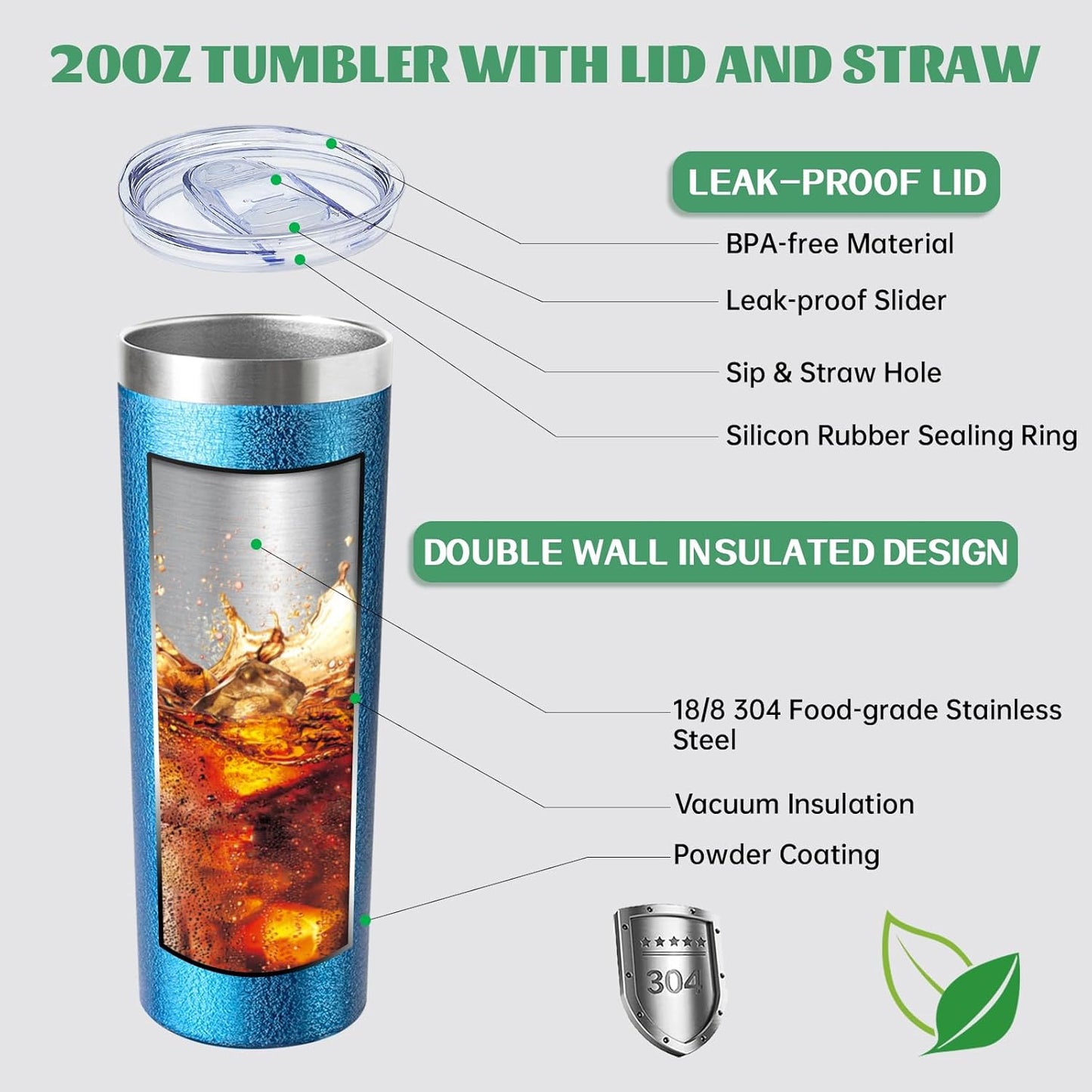 20 oz Skinny Tumbler with Lid and Straw,Stainless Steel Vacuum Insulated Tumbler Double Wall Travel Coffee Mug,Insulated Cup for Coffee, Tea, Beverages,Office (Texture Blue,1)