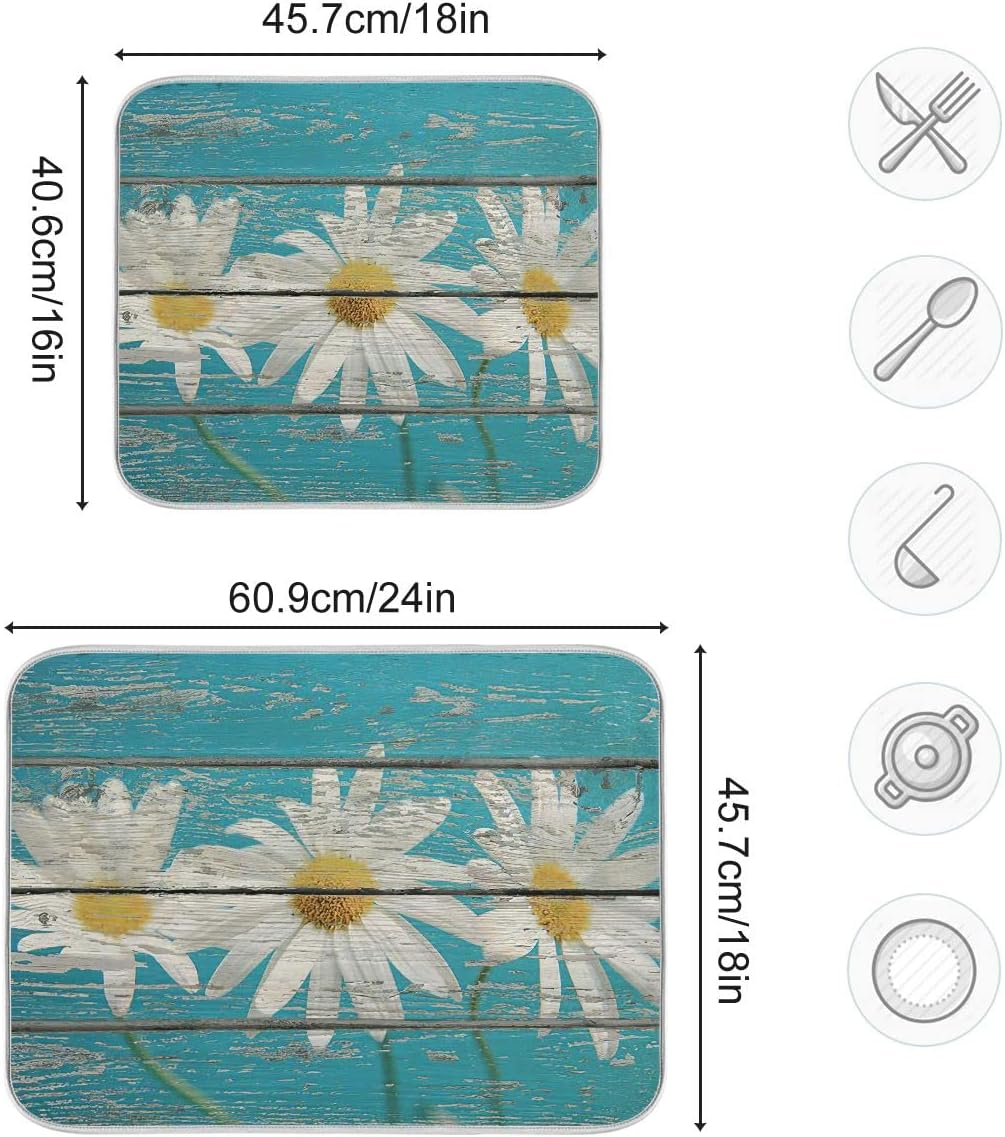 Daisy On Old Wooden Board Dish Drying Mat for Kitchen Counter Turquoise Wood Drying Mat 16 x 18 Inch with High Absorbent Reversible Microfiber Dish Drying Pad Drainer Mat for Coffee Bar