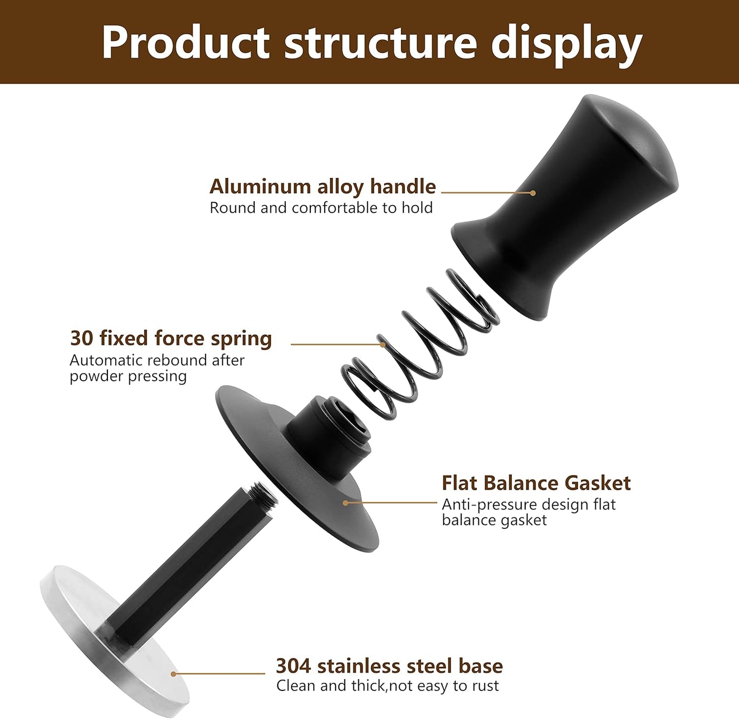 K COOL Espresso Hand Tamper, Premium Barista Coffee Tamper with Calibrated Spring, Stainless Steel Base Tamper Compatible with Espresso Machine Rancilio, Gaggia Bottomless Portafilter (58mm, Black)