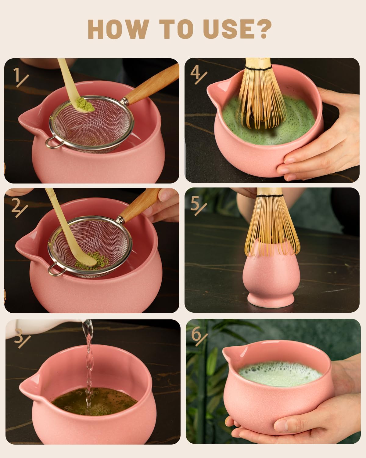Nucookery Matcha Set - 5PCS Matcha Whisk Set, 18OZ Matcha Bowl (Chawan) with Spout, Matcha Whisk (Chasen) and Holder, Bamboo Matcha Scoop and Sifter, Matcha Kit/Tools/Accessories for Tea Ceremony