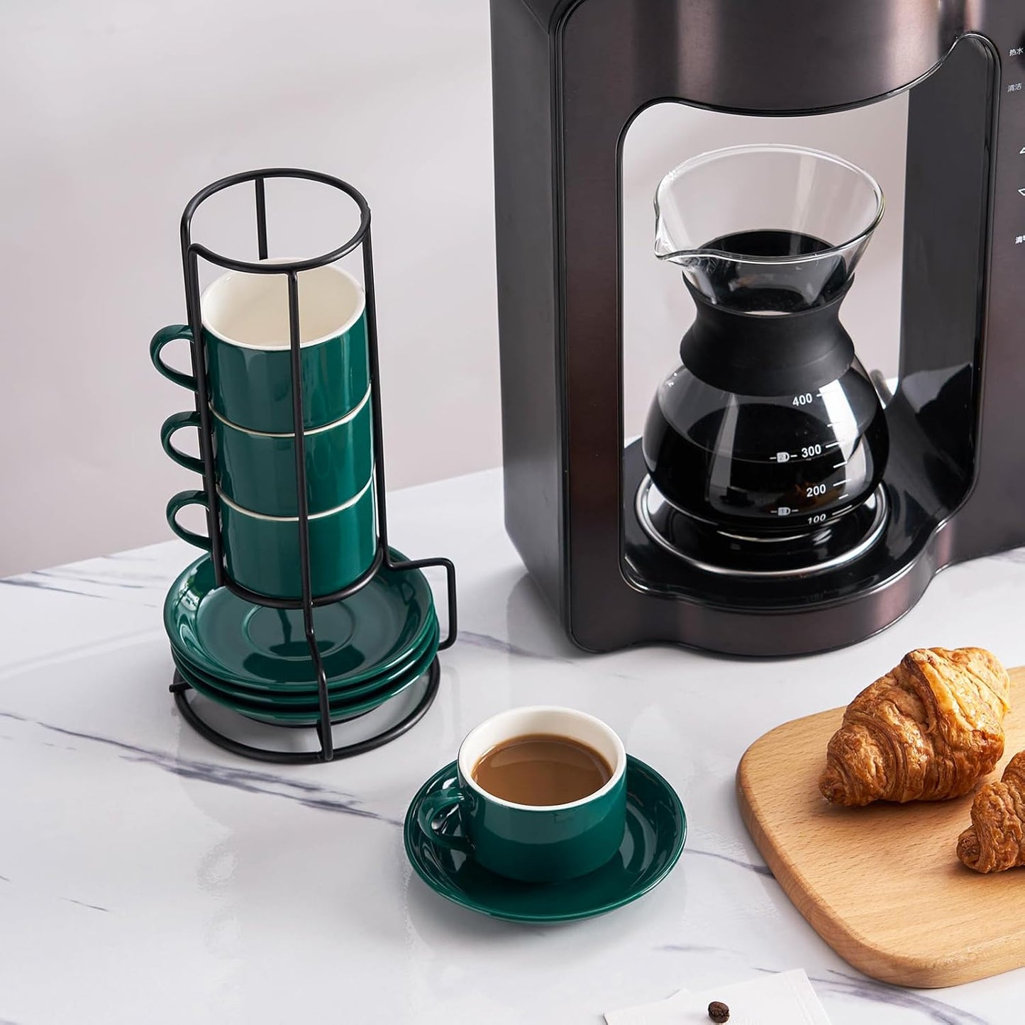 8oz Porcelain Stackable Cappuccino Cups with Saucers and Metal Stand Set of 4, Coffee Cups for Espresso, Specialty Coffee Drinks, Latte, Americano and Tea - Green