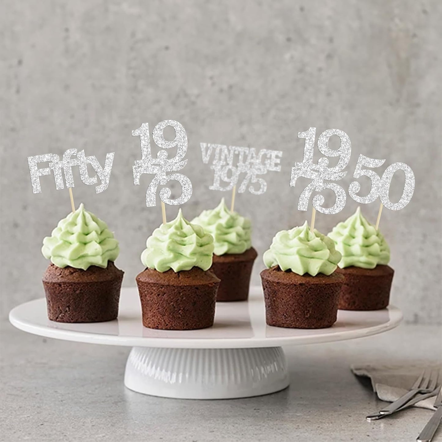 Gyufise 24Pcs 50th Birthday Cupcake Toppers Cheers to 50 Fabulous Fifty Vintage 1975 Cupcake Picks 50th Birthday Wedding Anniversary Party Cake Decorations Supplies Silver