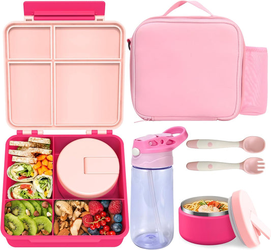 Kids Bento Lunch Box with 8oz Soup Thermo, Water Bottle, Leakproof Lunch Food Containers with 4 Compartment, Kids Insulated Hot Food Jar with Lunch Bag for School(Pink)