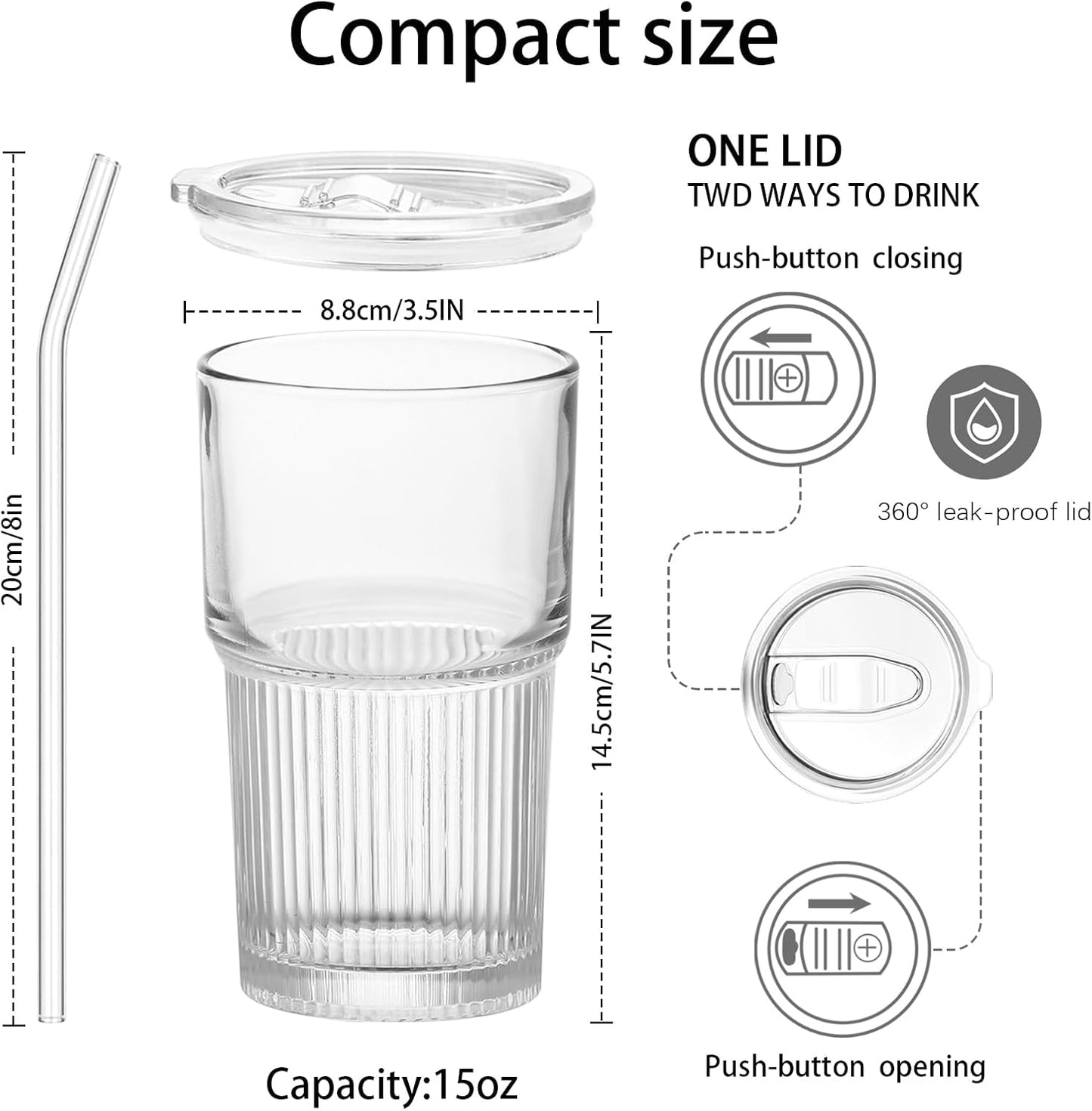 18.5oz Glass Cups with Lids and Straws - Set of 2 Reusable Tumblers, Thickened Shatter-Resistant Glass, Ideal for Iced Coffee, Smoothies, Cocktails, Juices - Elegant & Durable Drinkware