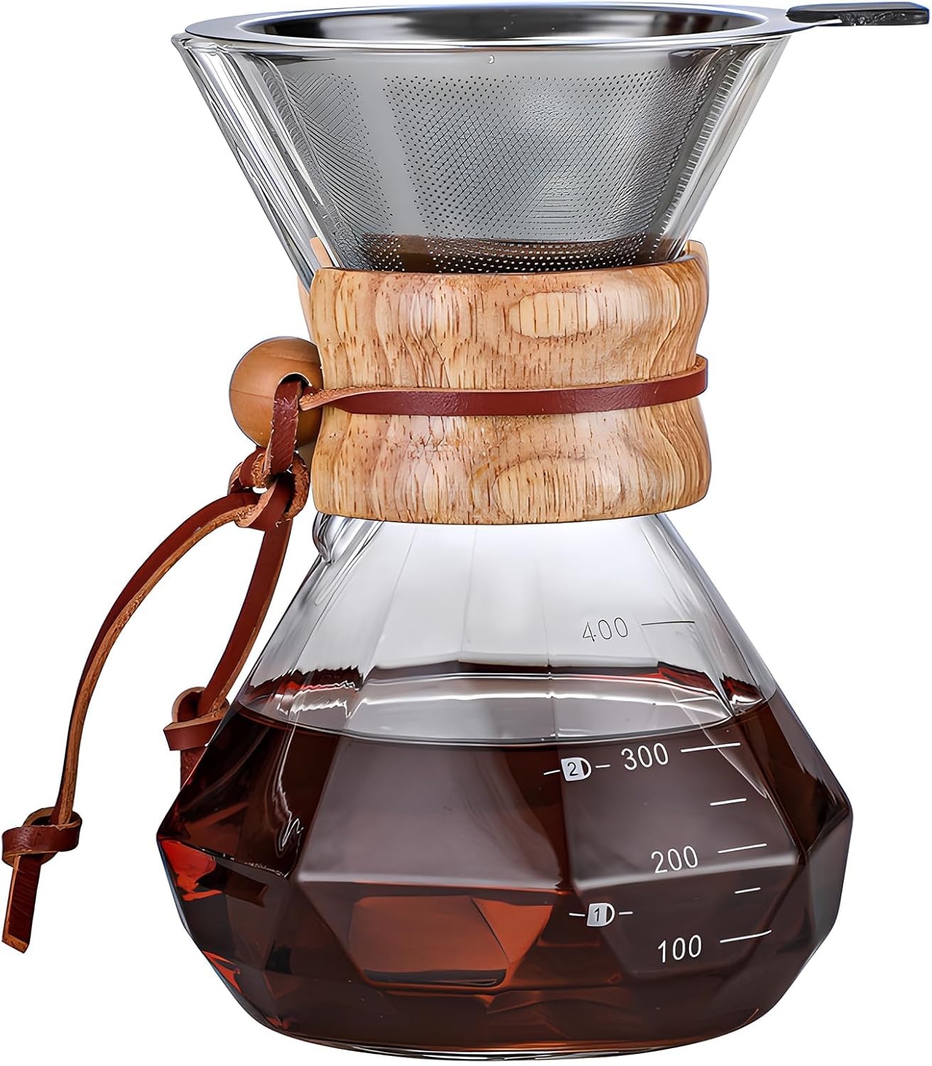 Pour Over Coffee Maker with Reusable Stainless Steel Drip Filter, Lead-Free Borosilicate Glass Coffee Carafe with Modern Wooden Collar for 1-2Cup, Diamond Clear (400ml/13.5oz)