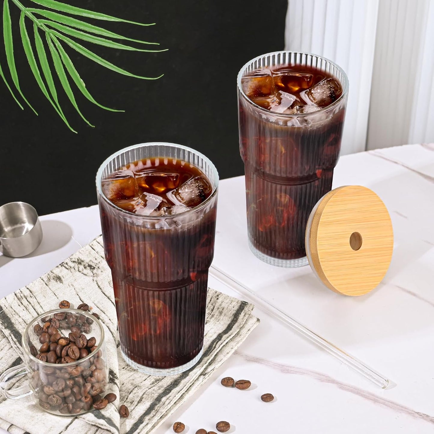 20oz Glass Cups with Lids and Straws,1PCS Ribbed Glass Coffee Cups,Iced Coffee Cups with Lid,Vintage Bamboo Tumbler for Juice,Smoothies