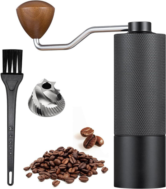 Generic Manual coffee grinder Capacity 25 grams, stainless steel tapered burrs - wooden handle - adjustable internal settings, dual bearing positioning, MCG2401, Black
