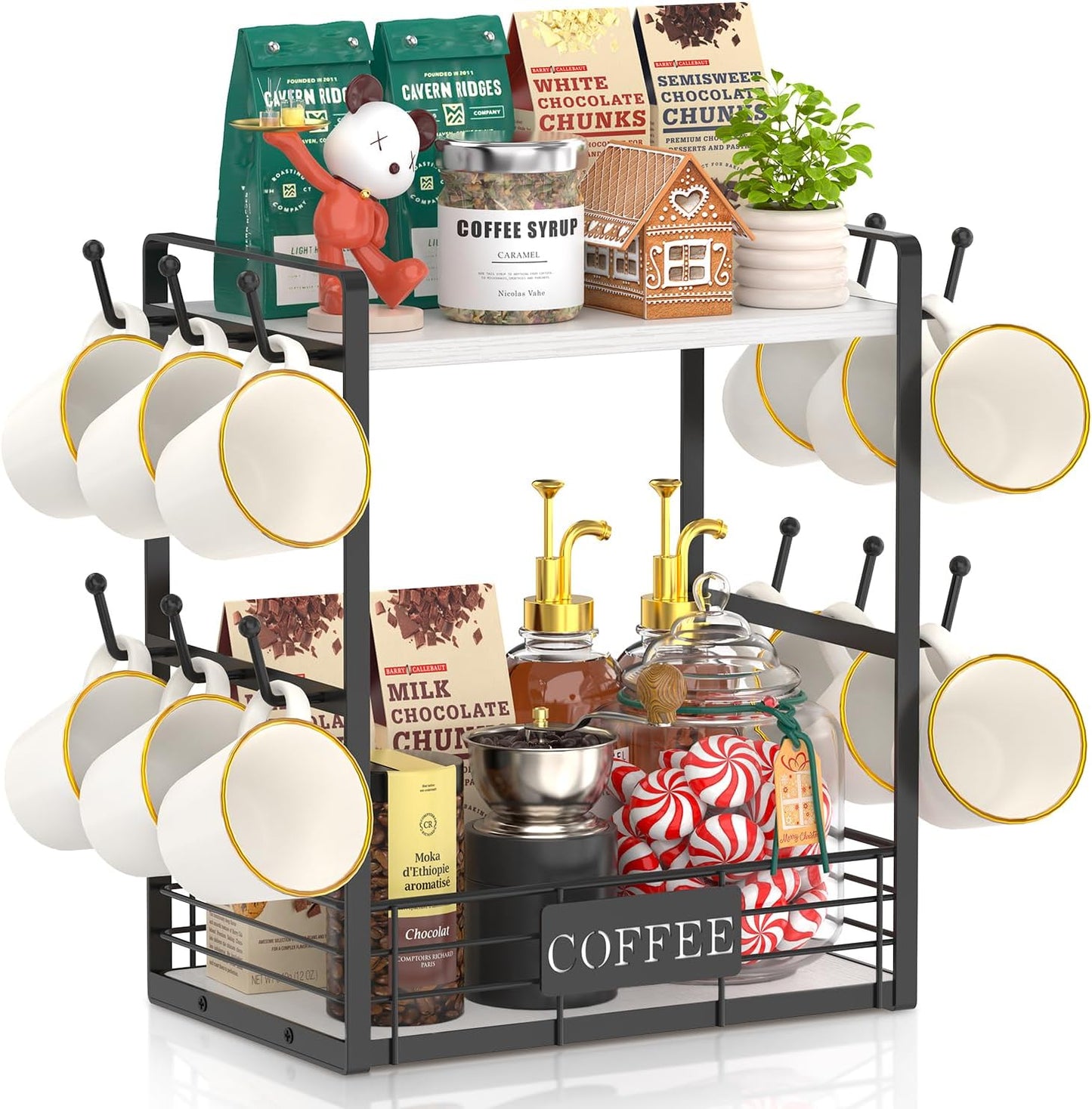 EsLuker.ly Coffee Mug Cup Holder Tree Bar Station Organizer, 2 Tier Mug Stand Rack for Countertop Kitchen, Storage Tower Display Shelf with 12 Hooks, Coffee Nook Enhancer, White-Black
