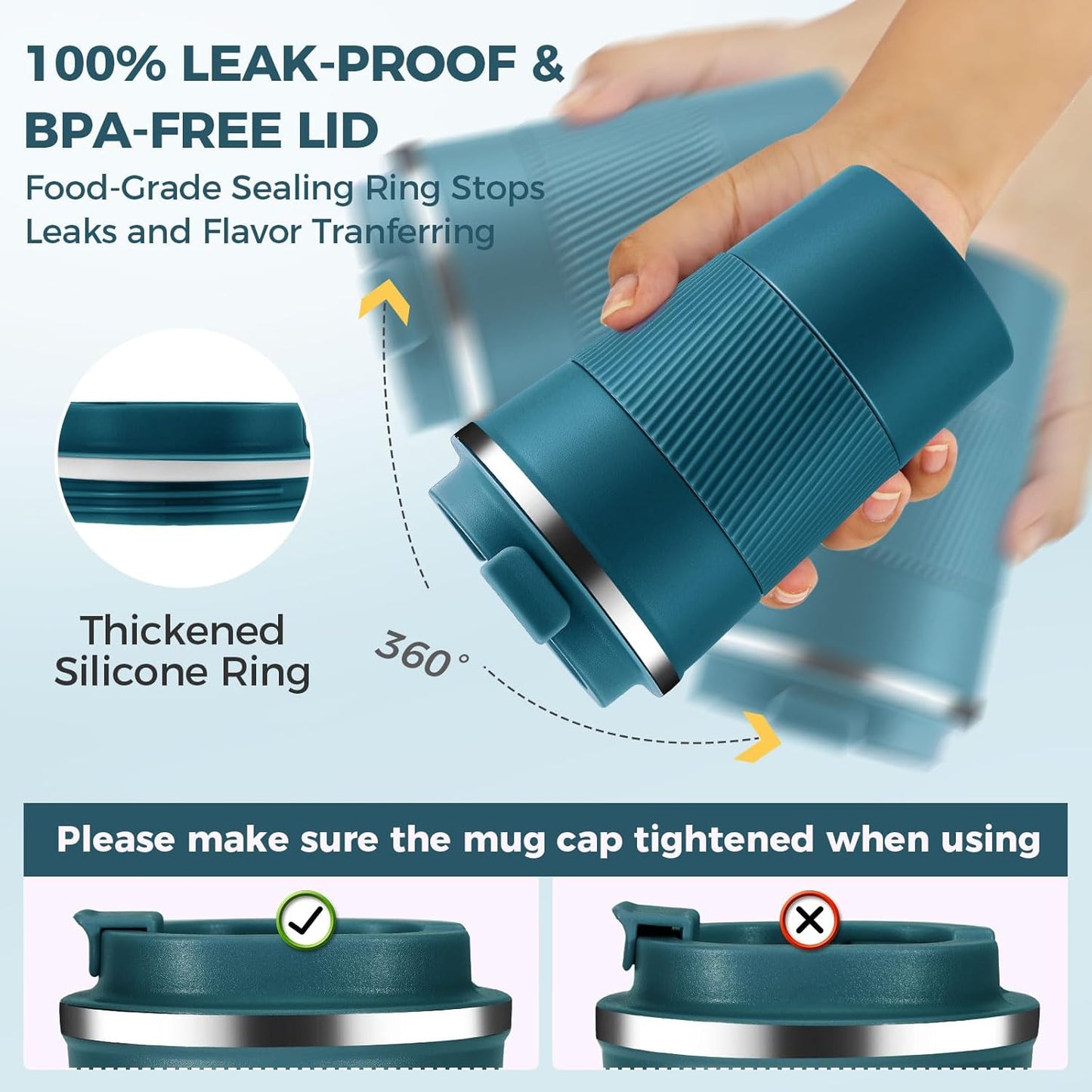 Volhoply 13 oz Stainless Steel Insulated Travel Coffee Mug with Fip Lid,Reusable Double Wall Vacuum Metal Coffee Cup,Portable to Go Leak Proof Cafe Thermal Tumbler for Hot & Cold Drinks(Bule,1)