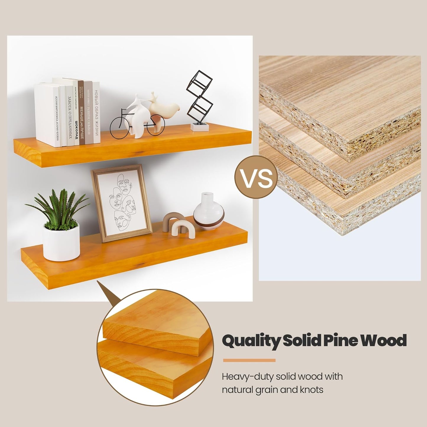 Pine Floating Wall Shelves Set of 2, 16 Inches Long x 8”x 1.4” Shelf Floating Rustic Farmhouse Decor, Heavy Duty Shelf, Wall Shelves for Bathroom Living Room Kitchen Bedroom Office, Honey Oak