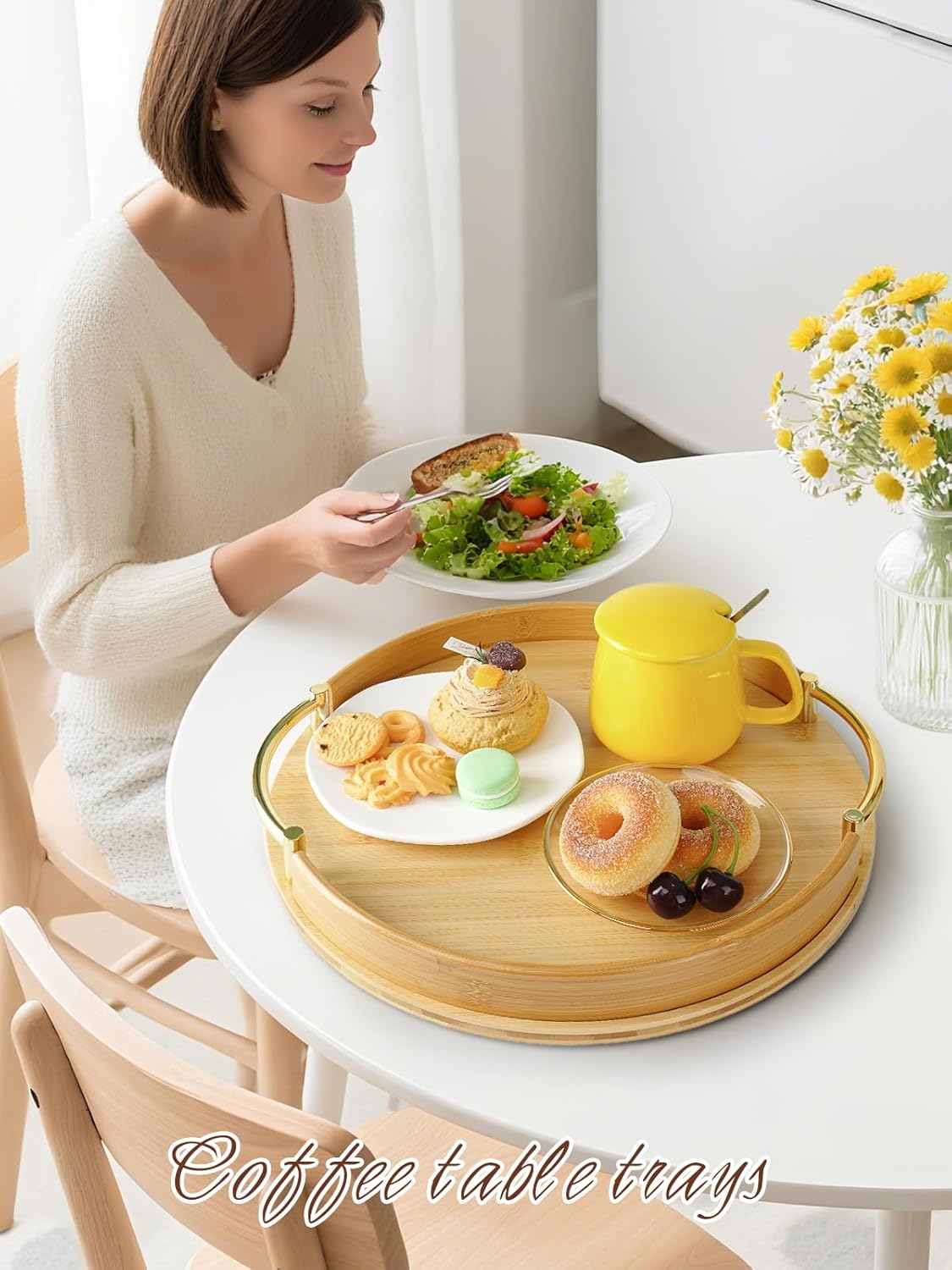 JUPELI 14″ Round Bamboo Serving Tray with Handles – Decorative Tray, Breakfast Tray, Coffee Table Tray, Ottoman Tray, Kitchen Platter for Drinks, Snacks, Vanity, Home Decor & Gifts