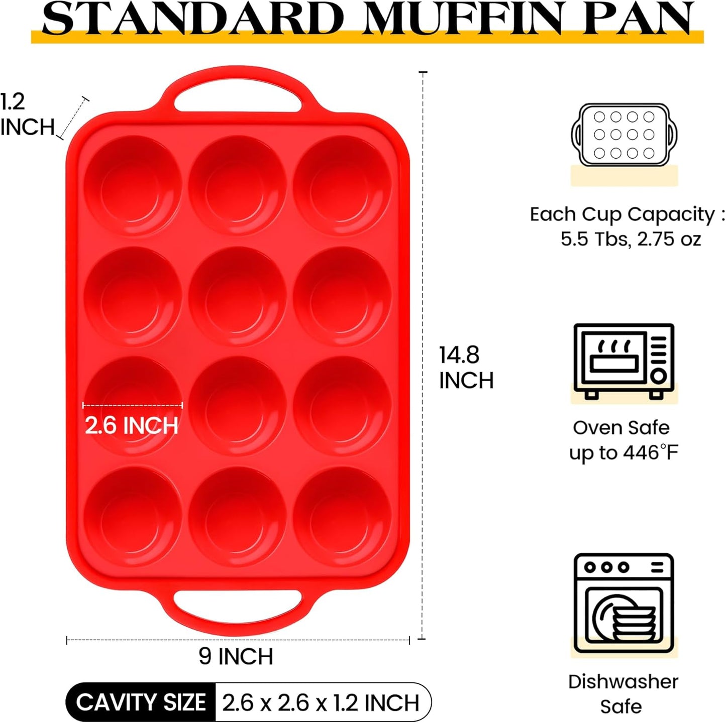 1 Pc Silicone Muffin Pan for Baking with Metal Frame, Nonstick 12 Cup Regular Size Cupcake Pan, Silicone Muffin Tray for Egg Bites (Red)
