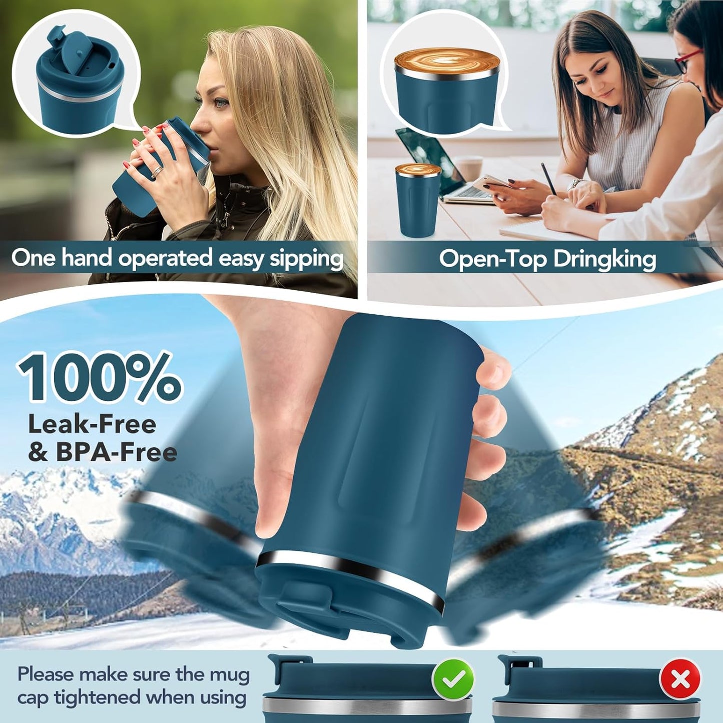 Volhoply 12 oz Double Wall Insulated Vacuum Travel Coffee Mug with Flip Lid,Reusable Stainless Steel Leak Proof Coffee Cup,Portable Iced Cafe Thermal Tumbler Suitable for Hot & Cold Drinks(Bule,1 Set)