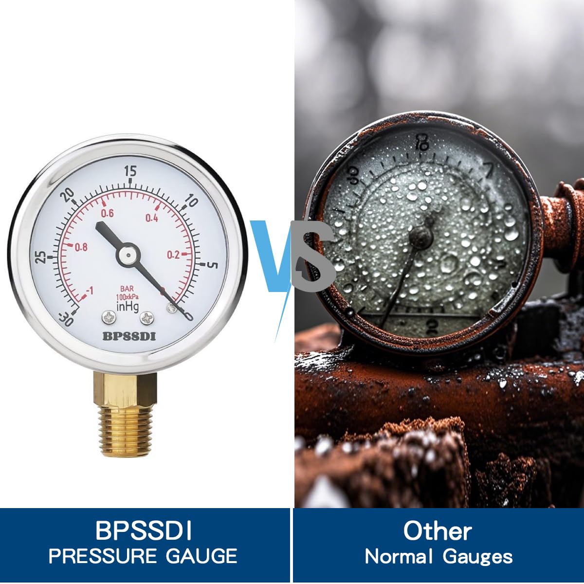 30inHg Vacuum Pressure Gauge, Water Pressure Gauge, 2.5" Dial Size, 1/4" NPT Lower Mount, 304 Stainless Steel Case, for Pneumatic Air Compressor RV Regulator Valve Test(with Tape)