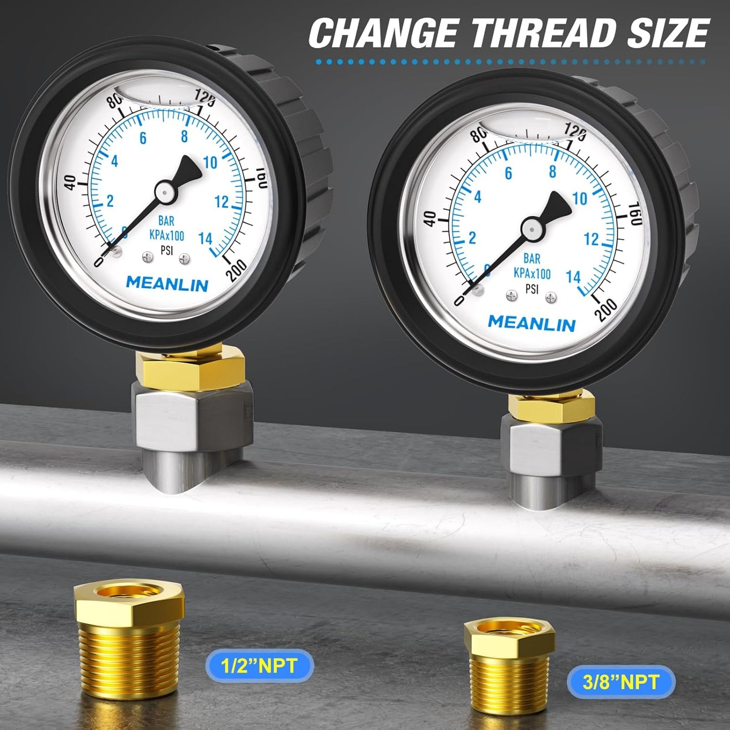 MEANLIN MEASURE 0~200Psi Stainless Steel 1/4" NPT 2.5" FACE DIAL Liquid Filled Pressure Gauge, Lower Mount (with Rubber Protective Sleeve), with 1/2" NPT and 3/8" NPT Hex Bushing