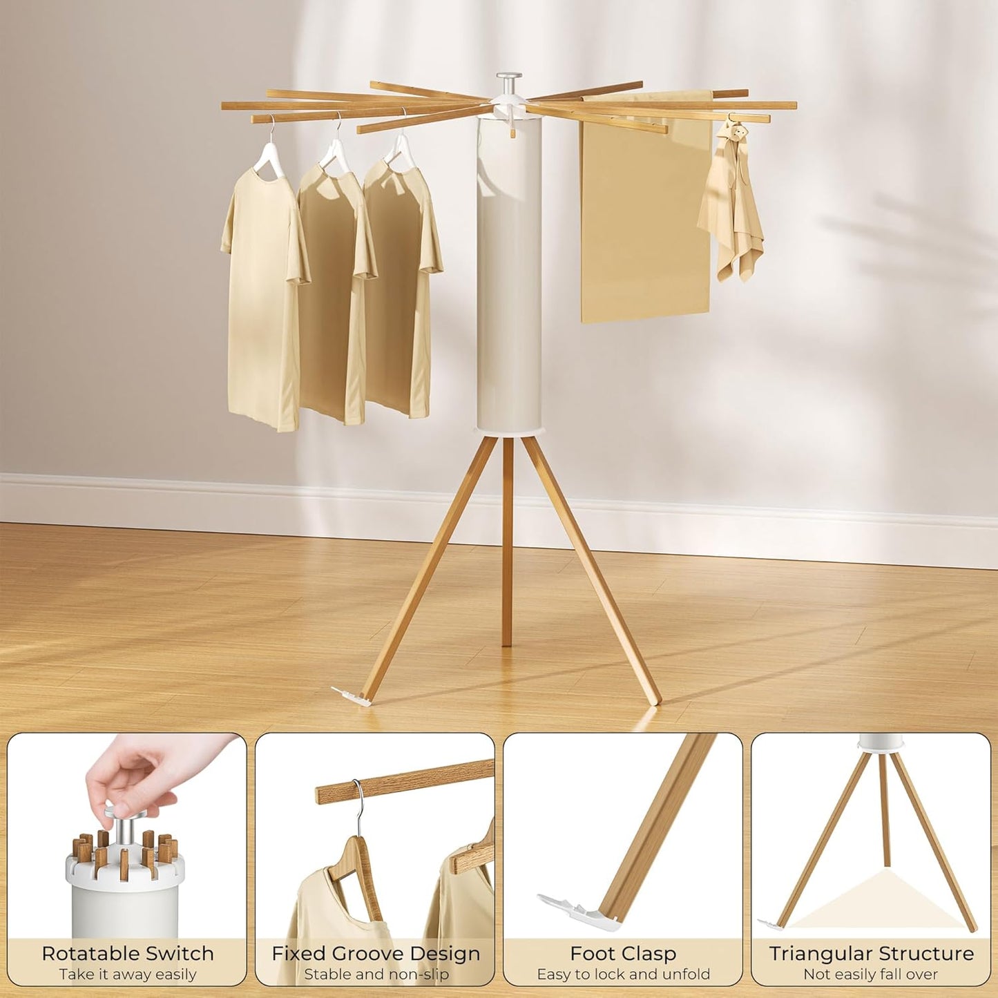 Tripod Clothes Drying Rack, Garment Rack Portable and Foldable Space Saving Laundry Drying Rack - Dryer Rack Clothing Floor Folding Balcony Bedroom Household (Beige(Wood), 12 rods)