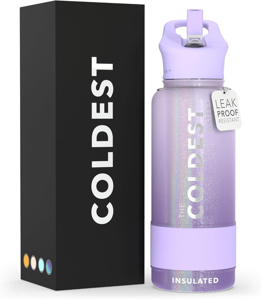 Coldest Insulated Water Bottle with Straw Lid - Stainless Steel Metal Insulated Bottle for Men & Women (Purple Ombré Glitter, 32 oz)