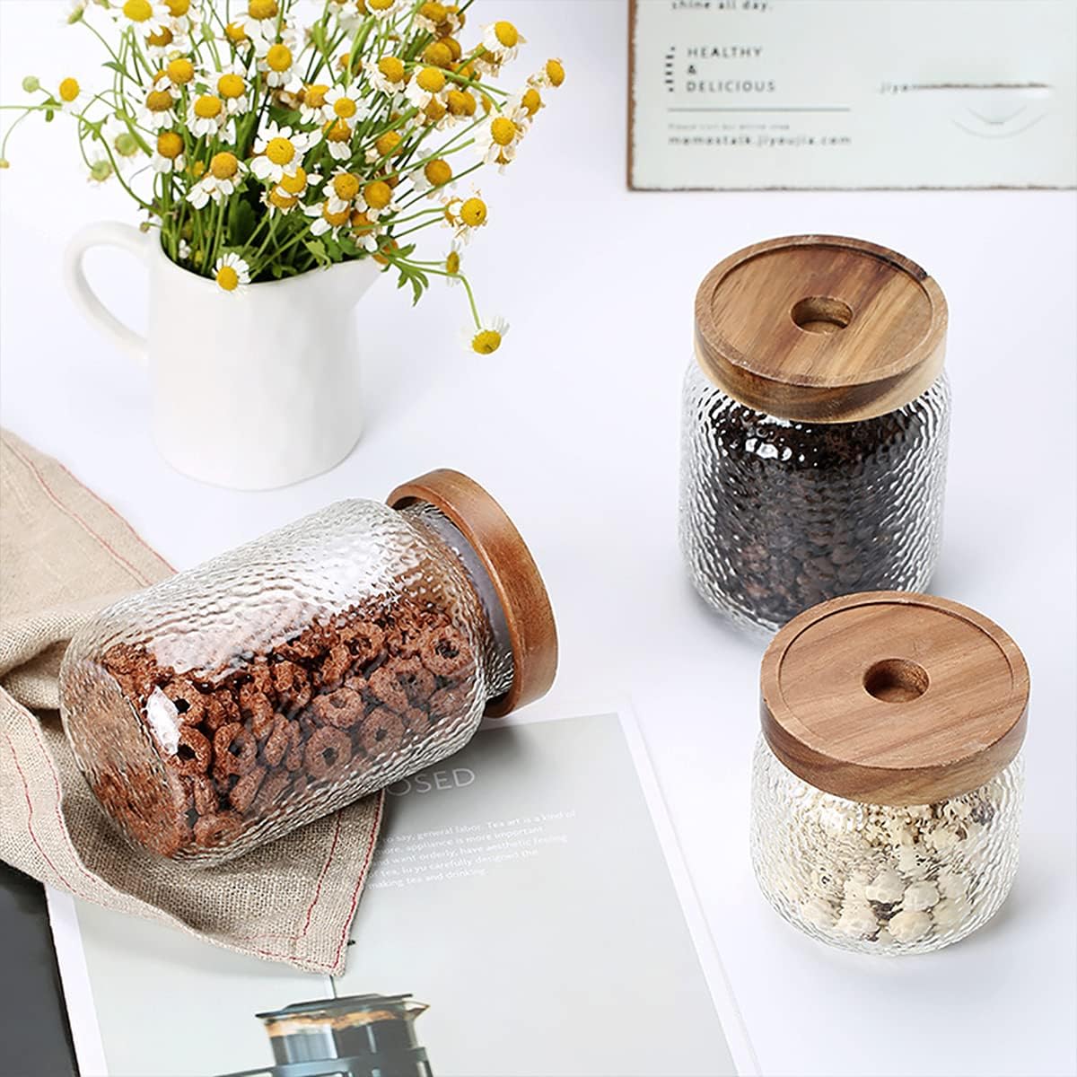 Glass Storage Jar, Food Storage Container with Airtight Bamboo Wooden Lid, Kitchen Canisters For Tea,Coffee Bean, Sugar, Candy, Cookie, Spice (1500ml, 51 Ounce)