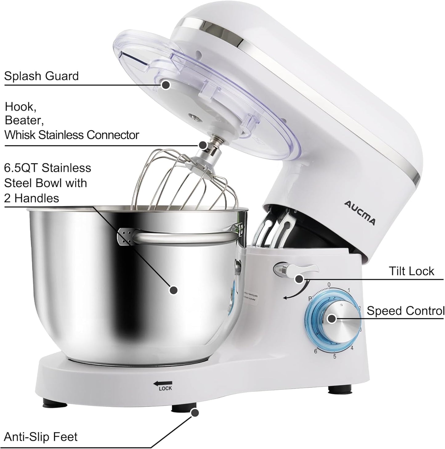 Aucma Stand Mixer,6.5-QT 660W 6-Speed Tilt-Head Food Mixer, Kitchen Electric Mixer with Dough Hook, Wire Whip & Beater (6.5QT, White)