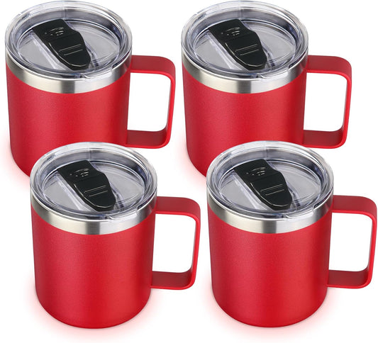 Volhoply 14oz Insulated Stainless Steel Coffee Mug with Lid Bulk 4 Pack,Double Wall Vacuum Travel Coffee Cup with Handle,Reusable Metal Cups Tumbler Cup,Camping Mugs Keep Hot,Ideal Gifts(Red,4)