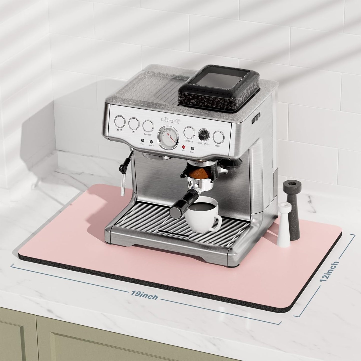 Rnivvi Coffee Mat, 12" x 19" Coffee Bar Mats for Espresso Machine Station Accessories and Organizer, Hide Stain Rubber Backed Absorbent Dish Drying Pad for Kitchen Counter, Cute Bar Decor Pad, Pink