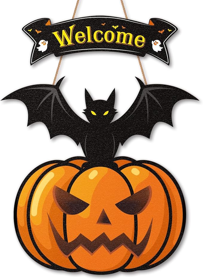 Halloween Door Wreath,Halloween Wall Decorations Wooden Black Bats Pumpkin Halloween Wreaths for Front Door, Halloween Door Decorations Indoor Outdoor Sign