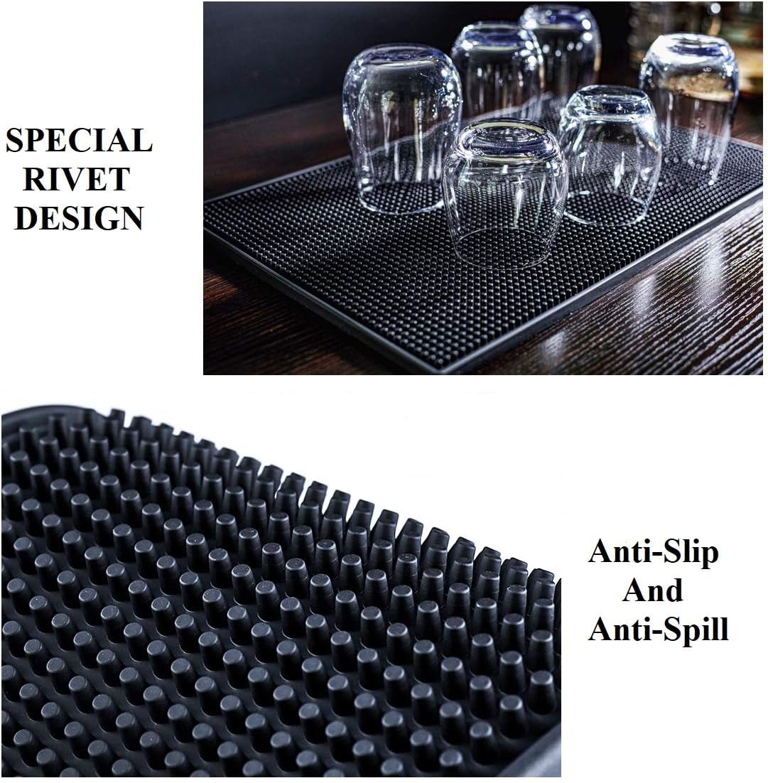 17.7" x 11.8" Rubber Bar Mats, Non-Slip and Anti-Spill Non-Toxic Soft Rubber Mats, Coffee Bars, Bars, Restaurants and Barbers Service Mats, Black, 2Pack