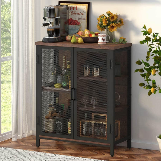 BON AUGURE Coffee Bar Cabinet for Liquor, Small Storage Cabinet for Home Kitchen, Farmhouse Sideboard Buffet Cabinets, Industrial Alcohol Cabinets for Dining Entryway Living Room (Rustic Oak)