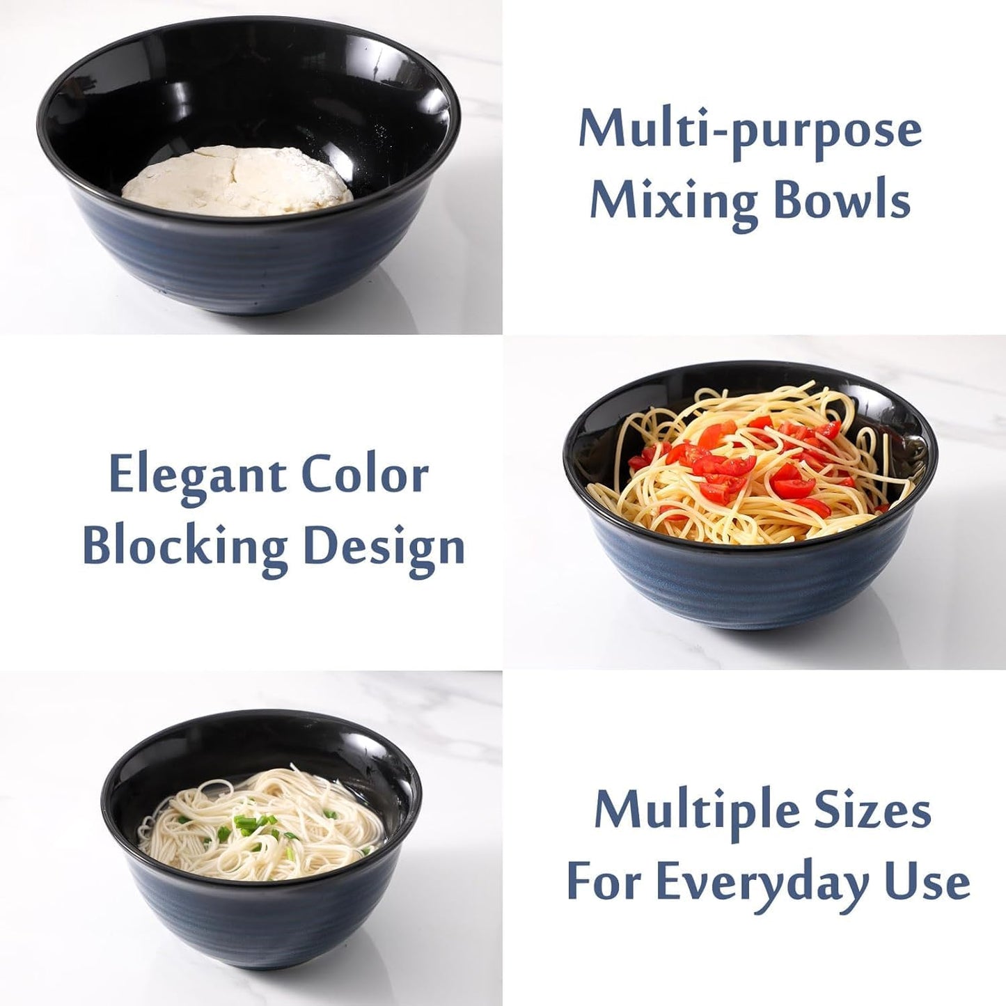 Ceramic Mixing Bowls,Large Serving Bowls 2.1/1.5/1.0 Qt,Salad Bowls Set of 3 for Kitchen Space Saving Storage,Nesting Bowls for Popcorn,Soup,Fruit, Microwave & Dishwasher Safe,Navy Blue