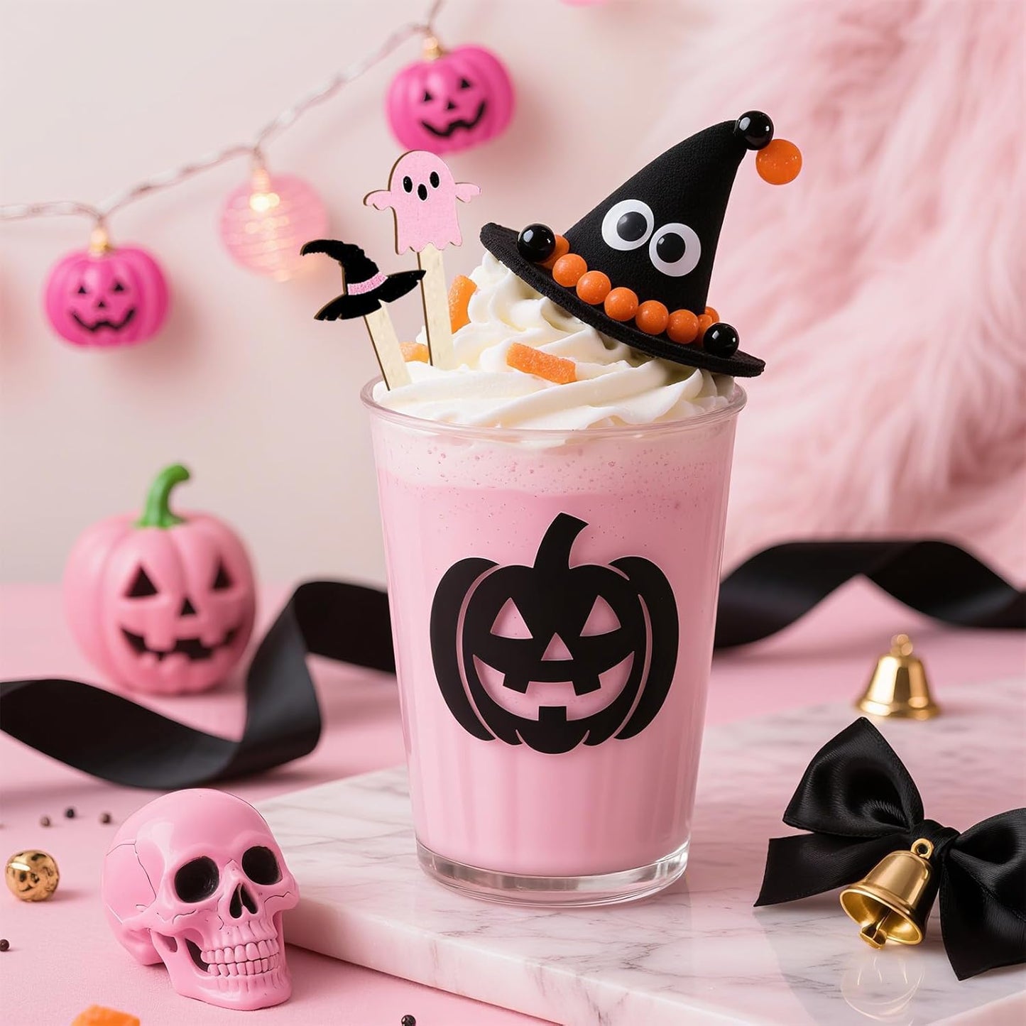 120Pcs Halloween Coffee Stirrers Disposable Pink Black Ghost Bat Cat Pumpkin Stir Sticks Wooden Drink Stirrer for Hot Chocolate Milkshake Restaurant Home Office