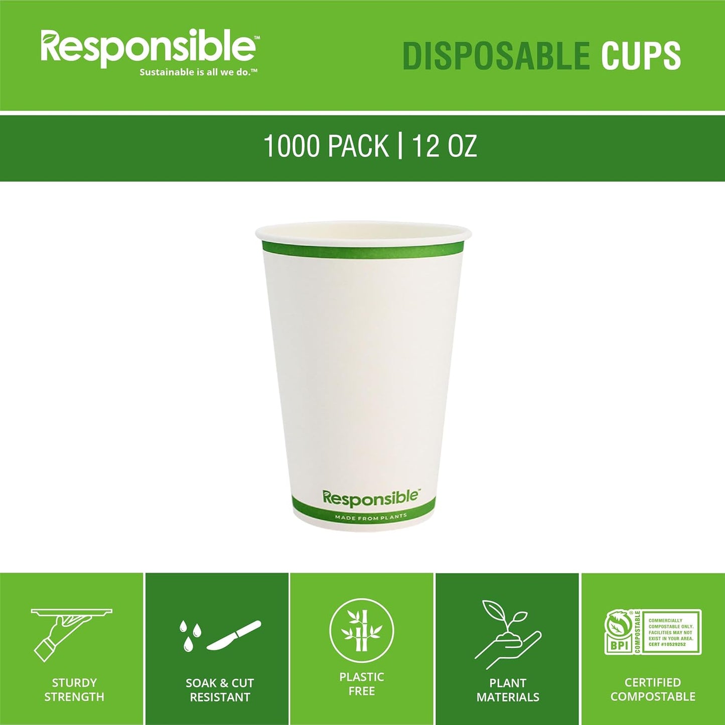 12 oz Paper Hot Cups, Tree-Less™ Compostable Paper Coffee Cups, Extra Strength, Tree-Free and Made Without PFAS, White (1000 Count)