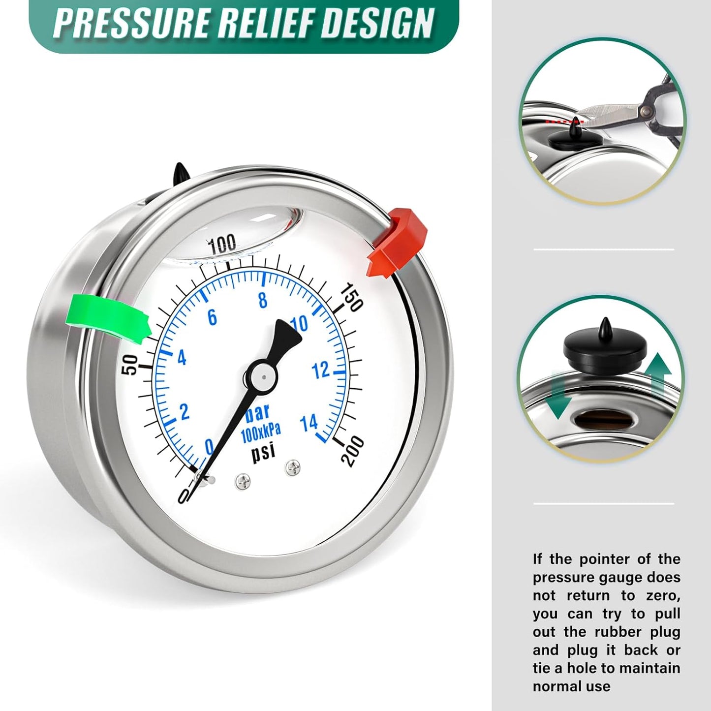 0-200PSI Stainless Steel Liquid Filled Pressure Gauge, 2.5" Dial Size, 1/4" NPT 316 Stainless Steel Joint, Back Mount, for Tube, Water Pump, Gas, Liquid (with Range Mark Pointer)