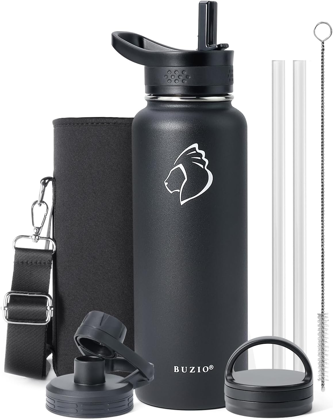 BUZIO 40 oz Water Bottle Insulated with Straw & 3 lid and Carrying Pouch, Leak Proof Anti-Slip Stainless Steel Water Flask Jug, Cold for 48 Hrs Double Vacuum Thermo Canteen, BPA-Free, Black