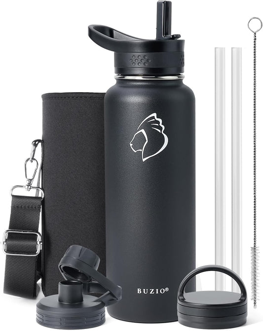 BUZIO 40 oz Water Bottle Insulated with Straw & 3 lid and Carrying Pouch, Leak Proof Anti-Slip Stainless Steel Water Flask Jug, Cold for 48 Hrs Double Vacuum Thermo Canteen, BPA-Free, Black