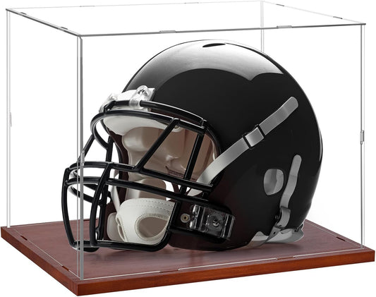 Full Size Football Helmet Display Case - 15.4×11×11.8in Interior, 100% Wooden Base, Compatible with Baseball/Motorcycle/Racing Helmets, High-Transparency Acrylic with UV Protection