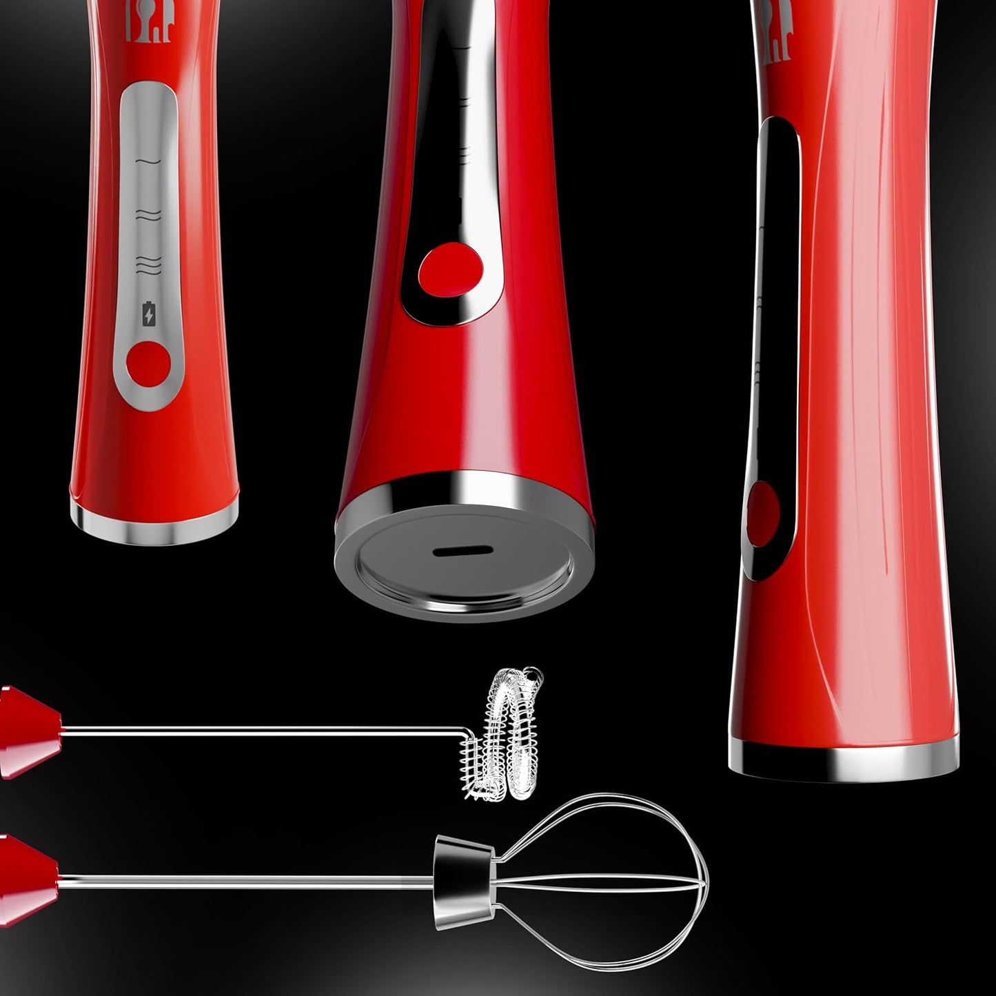 Rechargeable Handheld Milk Frother - Electric Foam Maker - Portable Coffee Frother Wand with 2 Heads - Stainless Steel Electric Whisk for Coffee, Latte, Cappuccino, Macchiato, Hot Chocolate (Red)