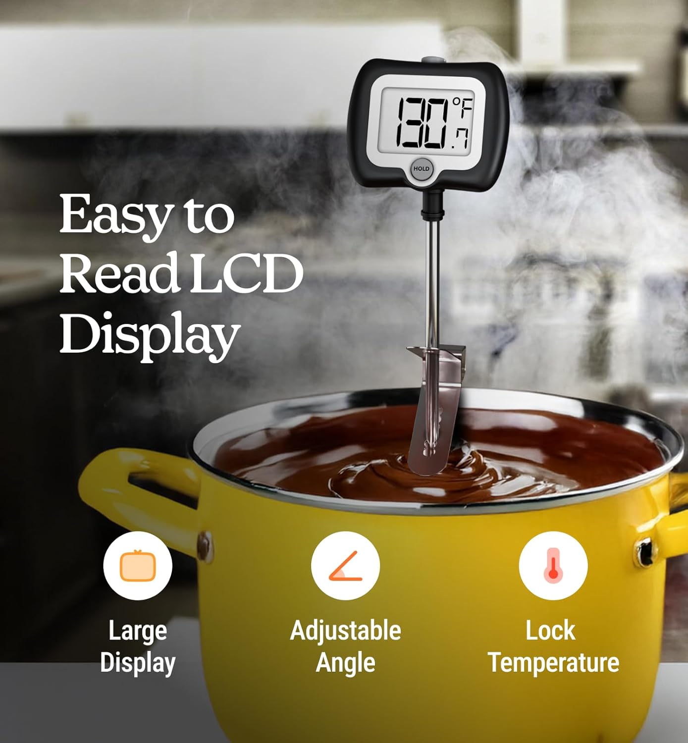 Digital Candy Thermometer with Pot Clip, 10" Long Stainless Steel Probe, Instant Read Kitchen Thermometer for Cooking, Baking, and Candy Making (Black)