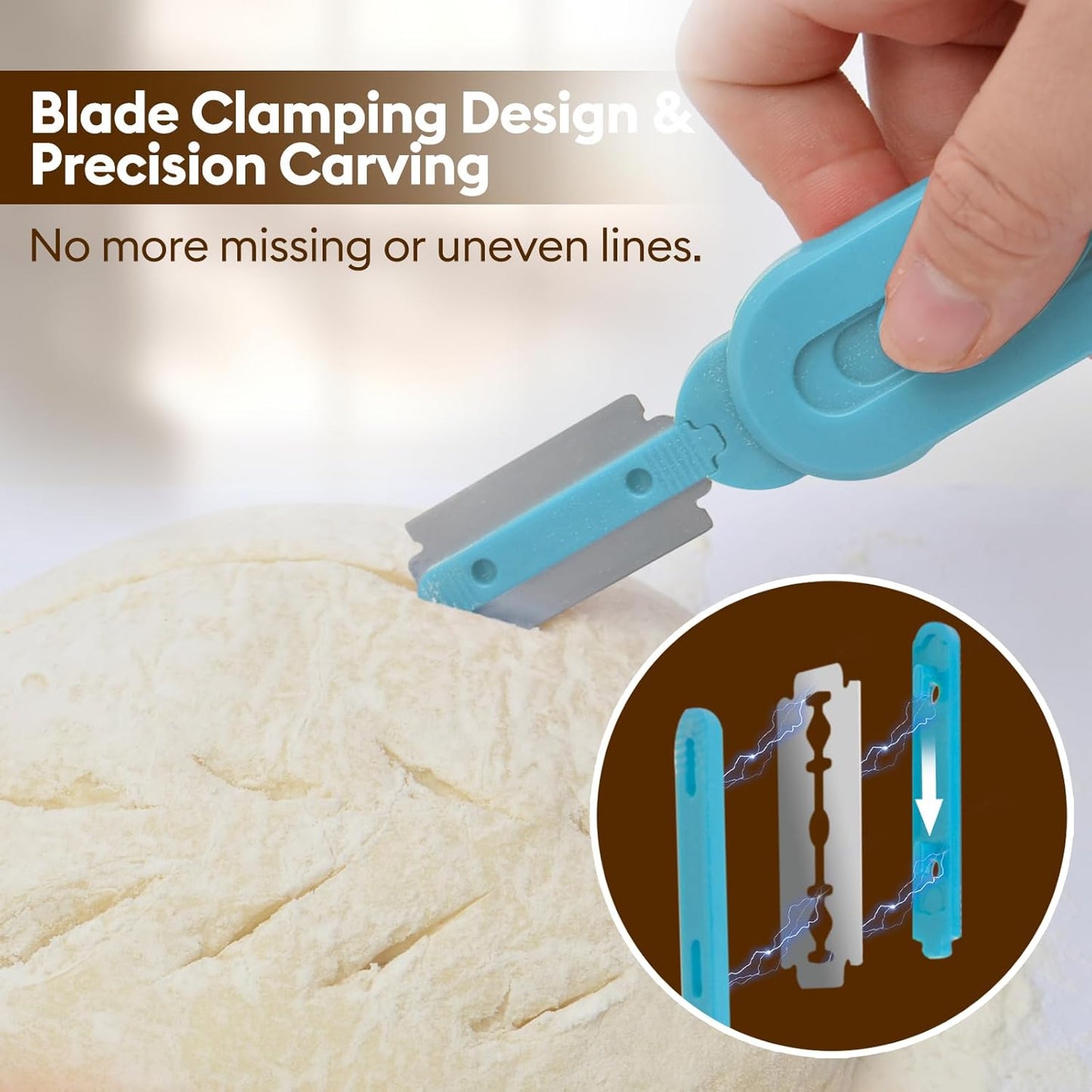 Bread lame for Dough, Magnetic & Reusable Bread Lame Dough Scoring Tool, Anti-Slip Handle with Long Retractable Razor blades, Sourdough Scoring tool for Bread Making (Blue)