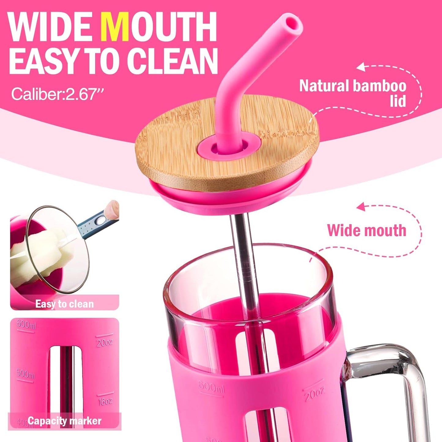 Kodrine Tumbler with Lid and Straw, 20 oz Glass Coffee Tumbler with Handle, Smoothie Cup with Bamboo Lid | Time Marker | Silicone Protective Sleeve, BPA Free -Rose Red