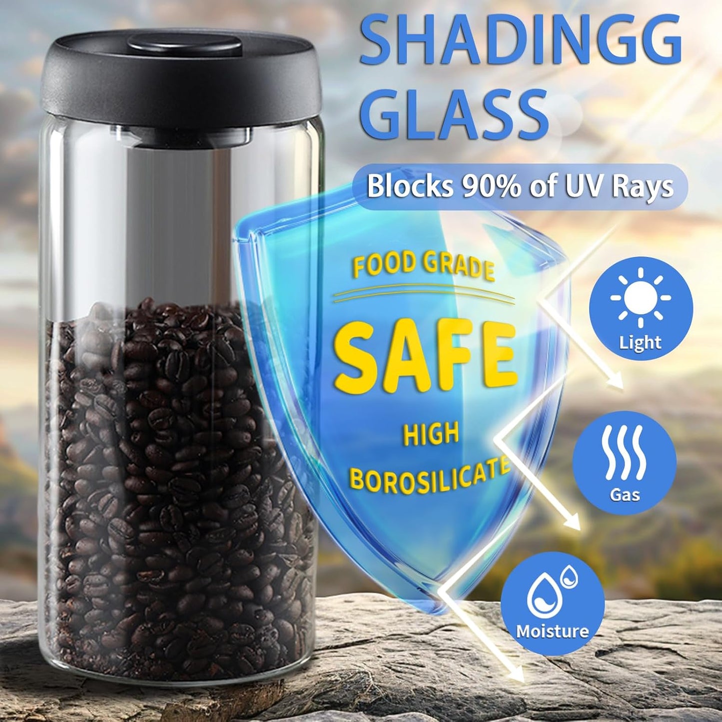 Vacuum Coffee Canister,2PCS 61FLOZ Borosilicate Glass Jar with Spare Airtight lid, Label & Brush, Coffee Bean Storage for Coffee Beans & Grounds (Shade Glass)