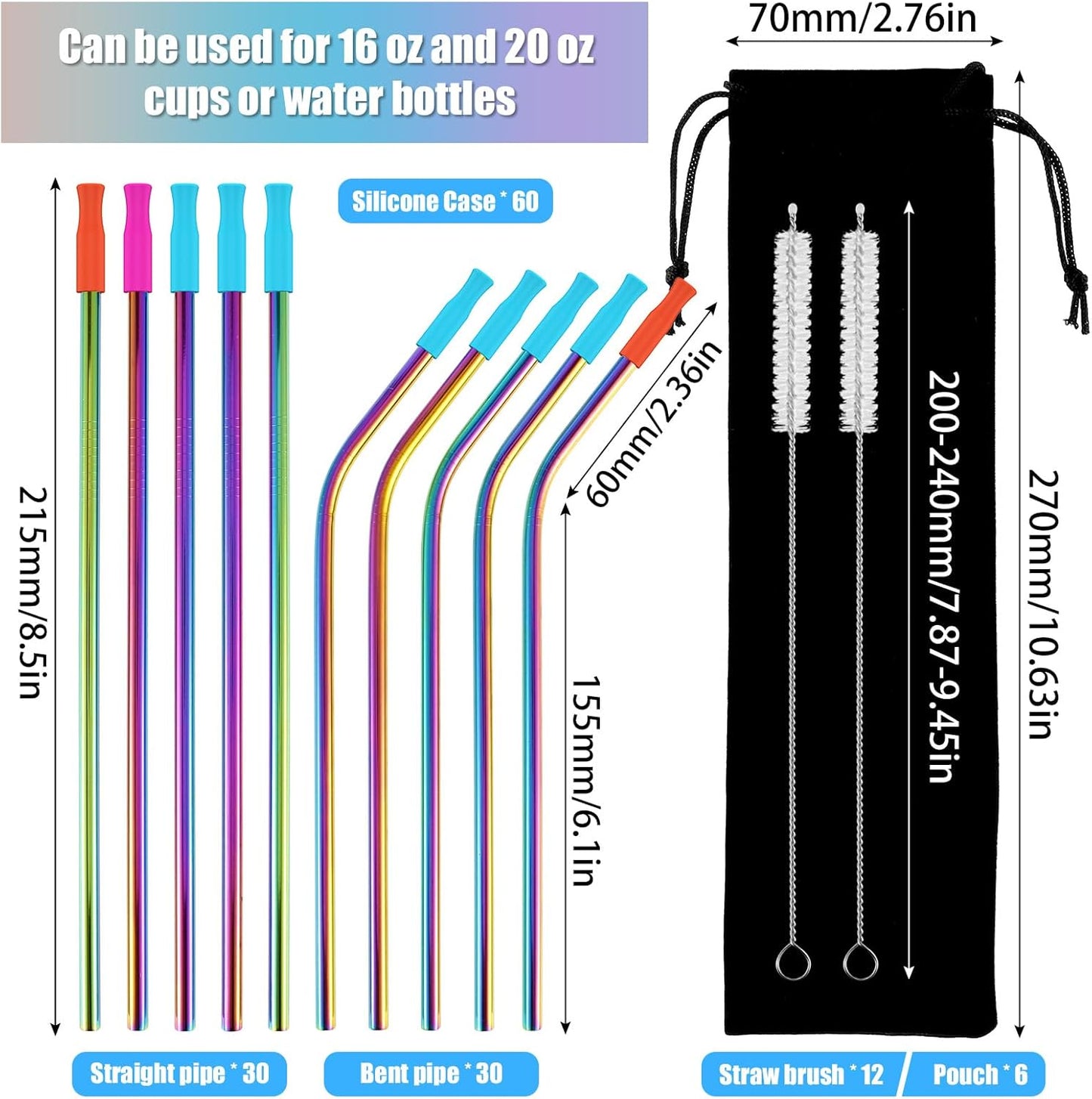 60 Pcs Color Reusable Metal Straws, Stainless Steel Drinking Straws with 60 Silicone Tip, 6 Travel Case and 12 Cleaning Brush, Suitable for 16oz and 20oz Tumblers