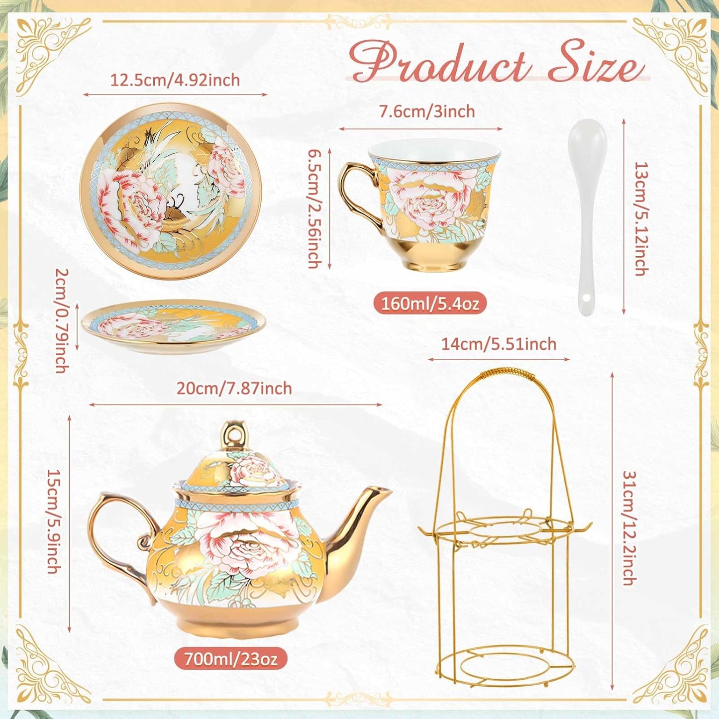 Zhehao 20 Pcs Porcelain Tea Set with Metal Holder and Spoon Adult Ceramic Tea Party Set European Flower Painting Teapot Cup Saucer Spoon Set for Women, Large Version(Classic Style)