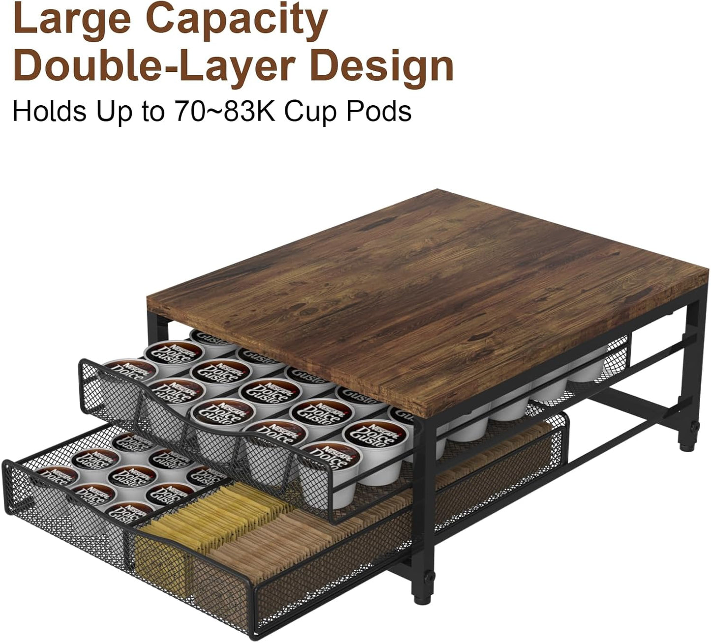 Coffee Pod Holder For Counter, Wooden K Cup Holder with Sliding Drawer, Large Capacity Coffee Pod Storage for Coffee Station, Home, Office, Kitchen