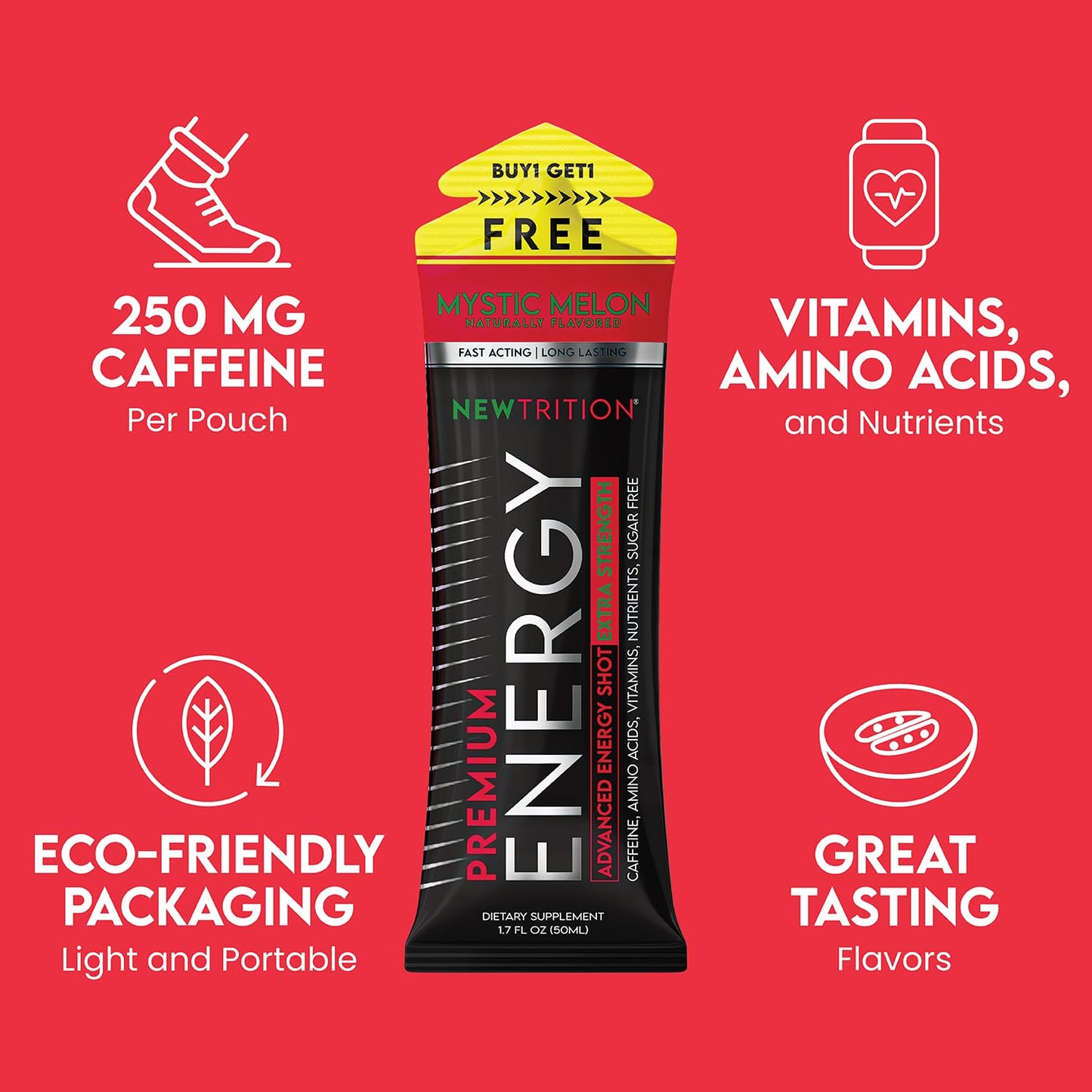 NewTrition® Extra Strength Energy Shots, 250mg Caffeine Energy Shots with Vitamin B & Amino Acids, Sugar-Free Vitamin Energy Shot, 1.7 fl oz (Pack of 12, Mystic Melon)