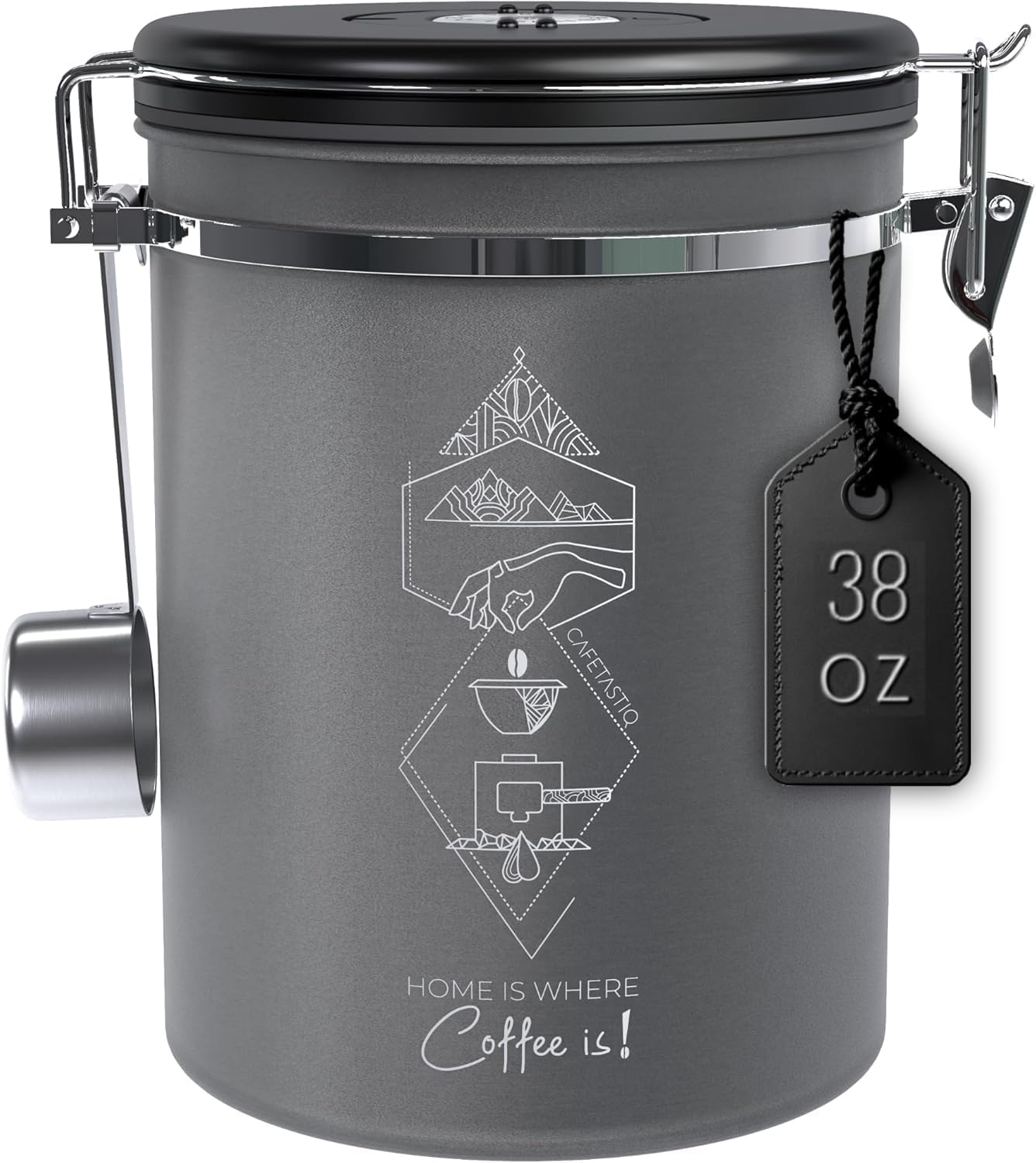 Large Coffee Canister – Airtight Stainless Steel Storage Container with Date Tracker & Scoop, Sealed Jar for Grounds, Beans, Tea, Flour, Cereal, and Sugar (Gray Home, 38OZ)