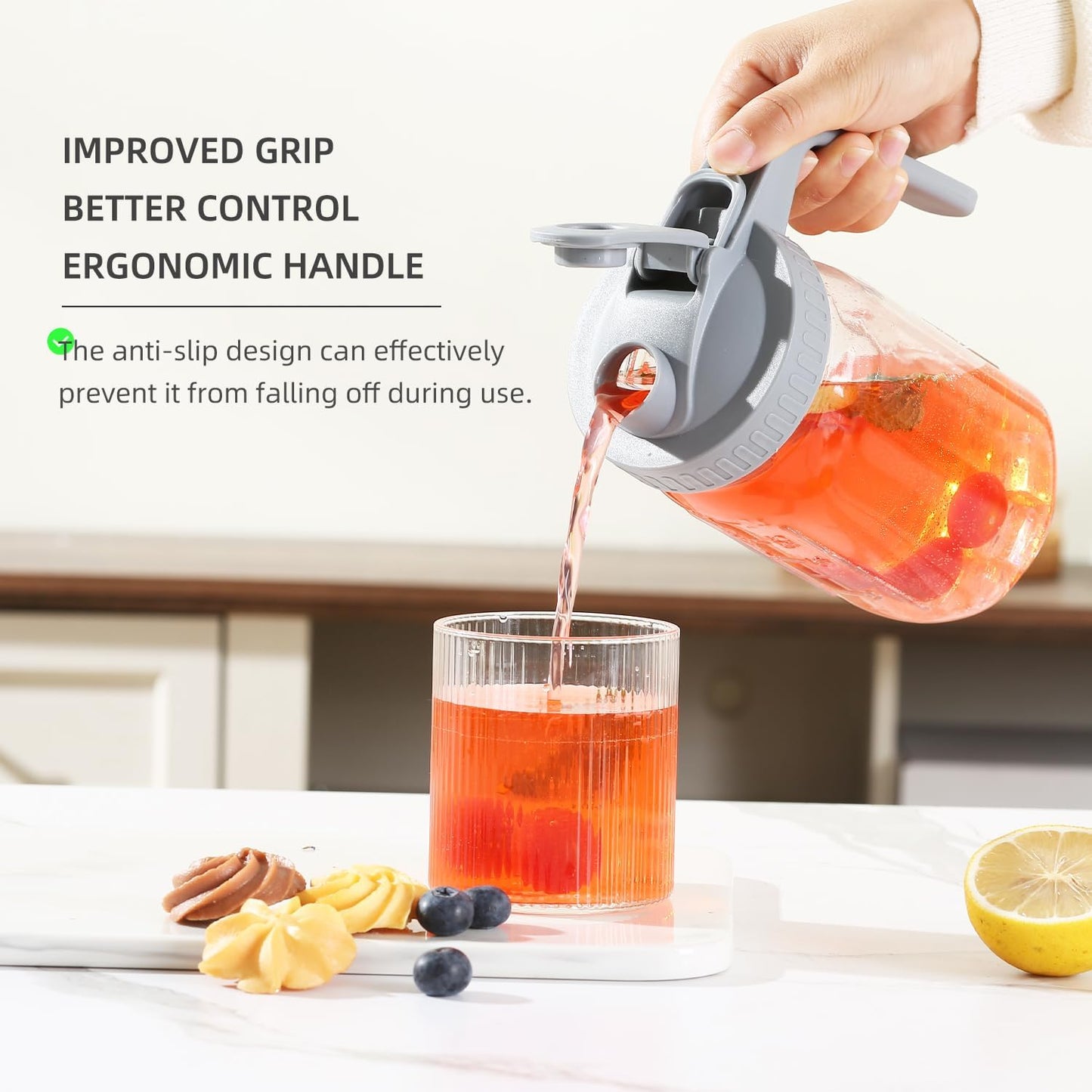 Glass Mason Jar Pitcher with Pour Spout Handle Lid, Breast Milk Pitcher Jug for Ice Tea, Cold Brew Coffee, Fridge Water, Juices, Leak Proof Storage Container (32oz 2Pack)