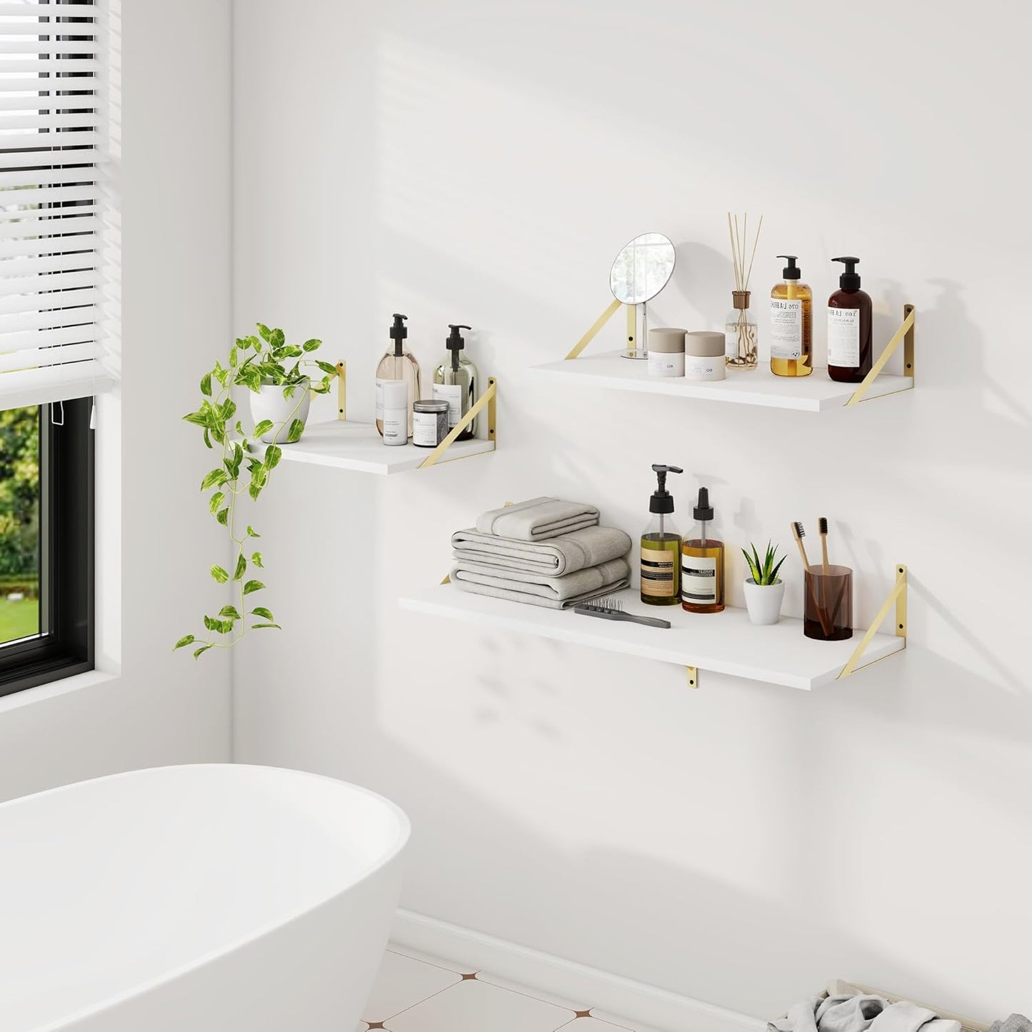 Dreamland Gold Shelves for Wall, White Wood Wall Mounted Shelves, Large Floating Shelf 12 * 24 inch Set of 2 for Bookshelf Living Room Bedroom Home Office Bathroom