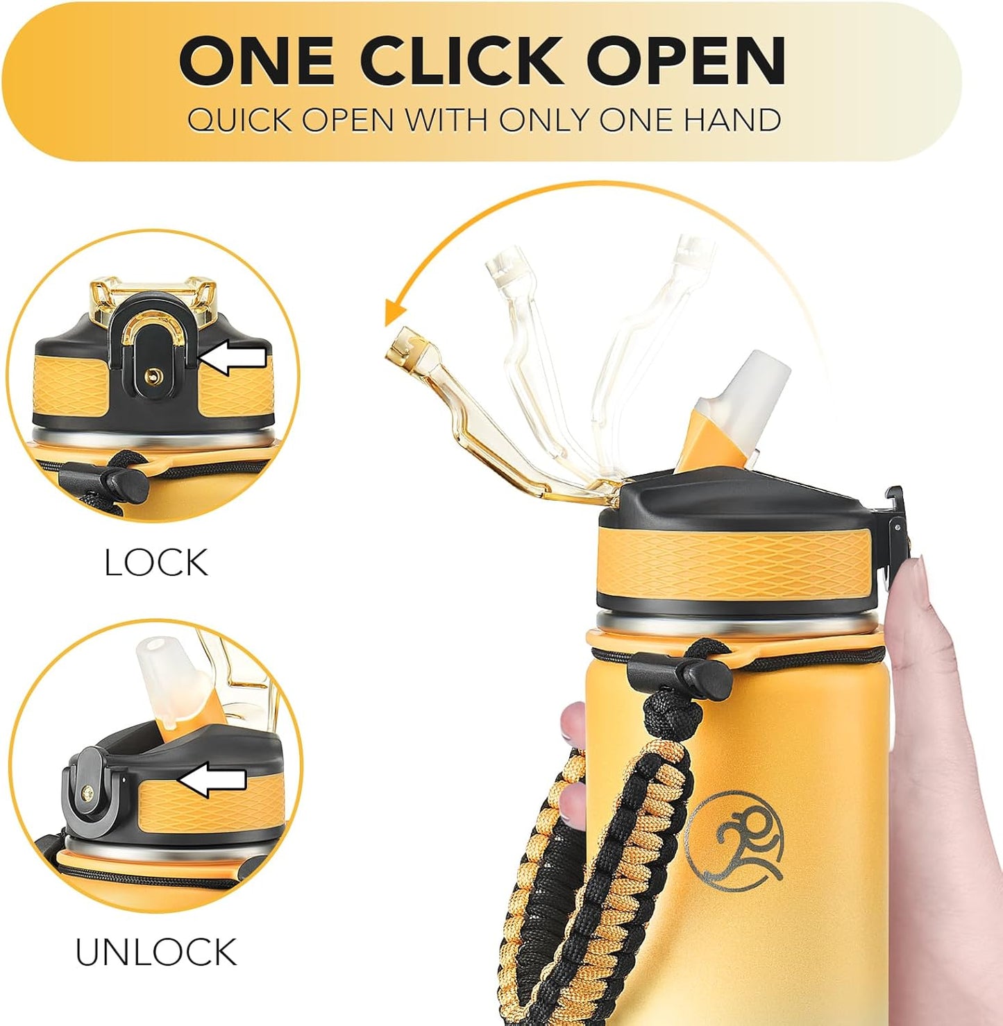 GOSWAG Insulated Sports Water Bottle, 24oz 2 Lids(with Straw/No Straw), Stainless Steel Water Bottles with Paracord Handle, Insulated Bottle with Double-Wall Vacuum Insulation