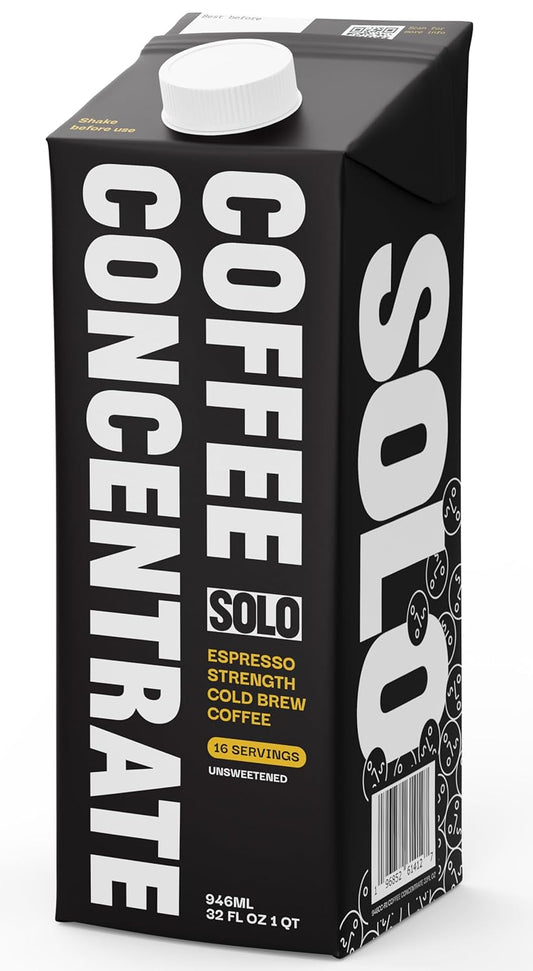 SOLO Cold Brew Coffee Concentrate - Colombian & Brazilian Arabica Blend - Ready-to-Drink Espresso Base for Iced Coffee, Lattes, and Cocktails - 20 Servings per Carton - 32 fl oz Shelf-Stable Carton
