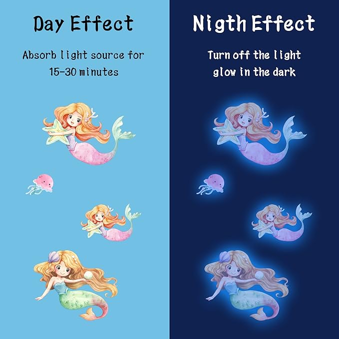 Glow in The Dark Stars Mermaid Wall Decals, Turtle Ocean Fish Stickers for Ceiling, DIY Wall Decor for Nursery Playroom Living Room, Birthday Christmas Gift